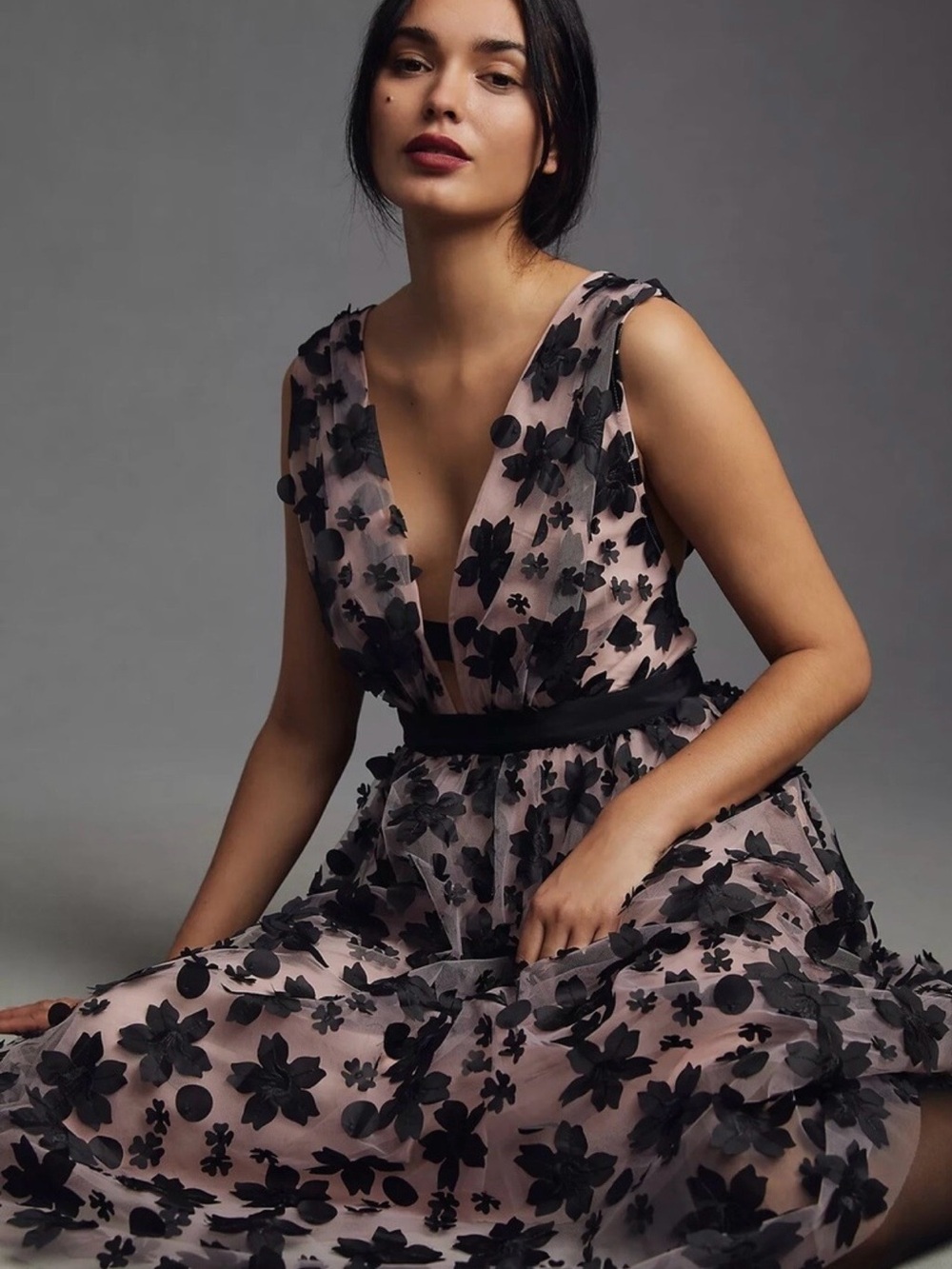 Anthropologie Blush Pink Midi Dress with Black Floral Appliqué - Picture 2 of 15